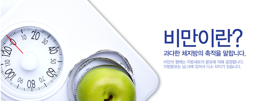 비만이란? 과다한 체지방의 축적을 말합니다. 비만의 형태는 지방세포의 분포에 의해 결정됩니다. 지방분포는 남,녀에 있어서 다소 차이가 있습니다. (체중계와 사과 이미지)